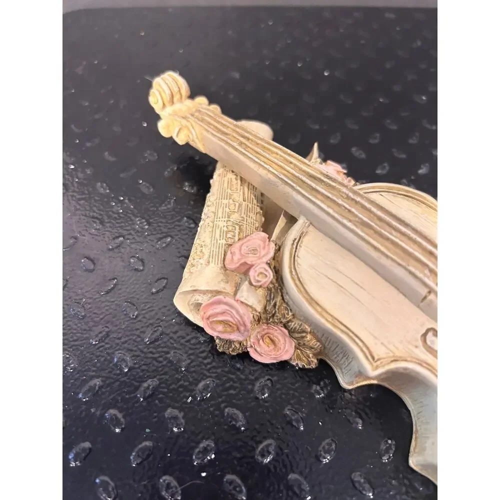 vintage resin violin trinket box with roses